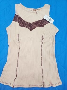 Willow Root  Ribbed Tank with Brown Lace Trim